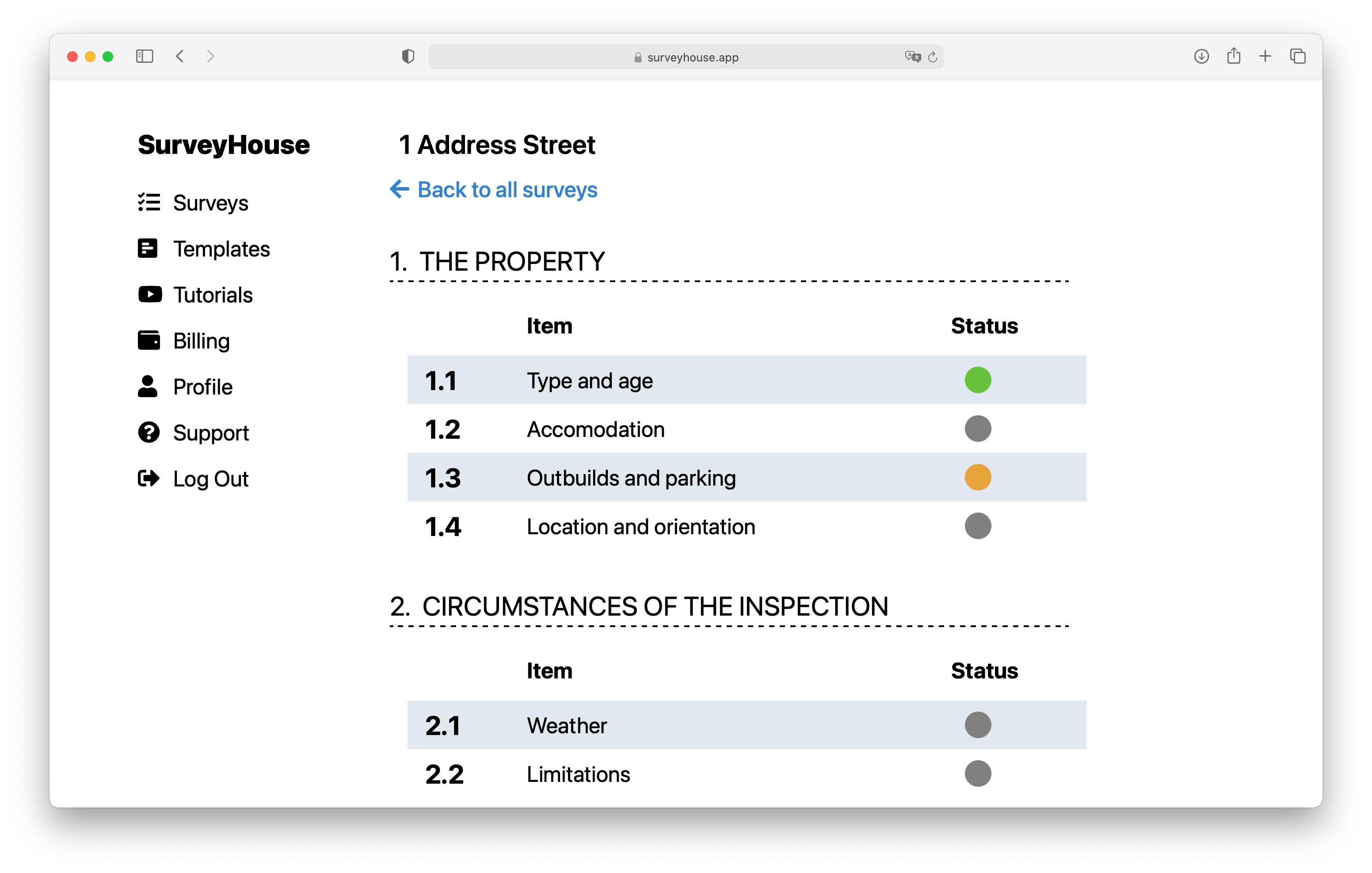 Reviewing and editing a building survey on the SurveyHouse website.